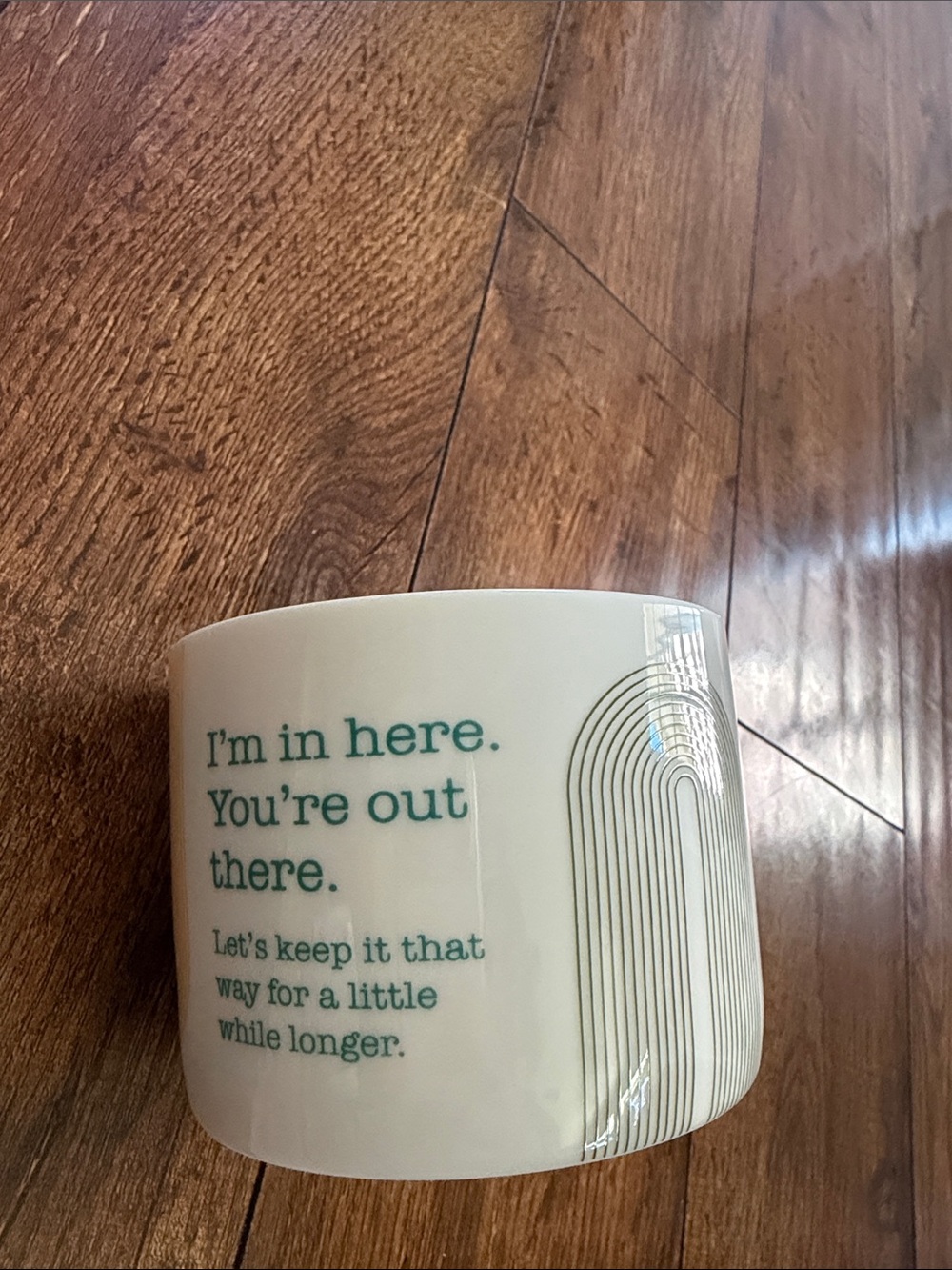 Macy's White Ceramic Mug with Teal Text and Line Accent